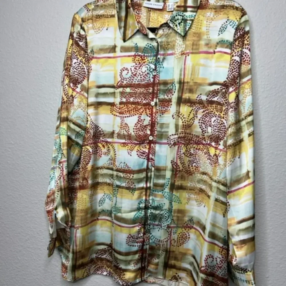 Susan Graver Luxe Print Tunic L Silky Button Front Top - Picture 3 of 9
